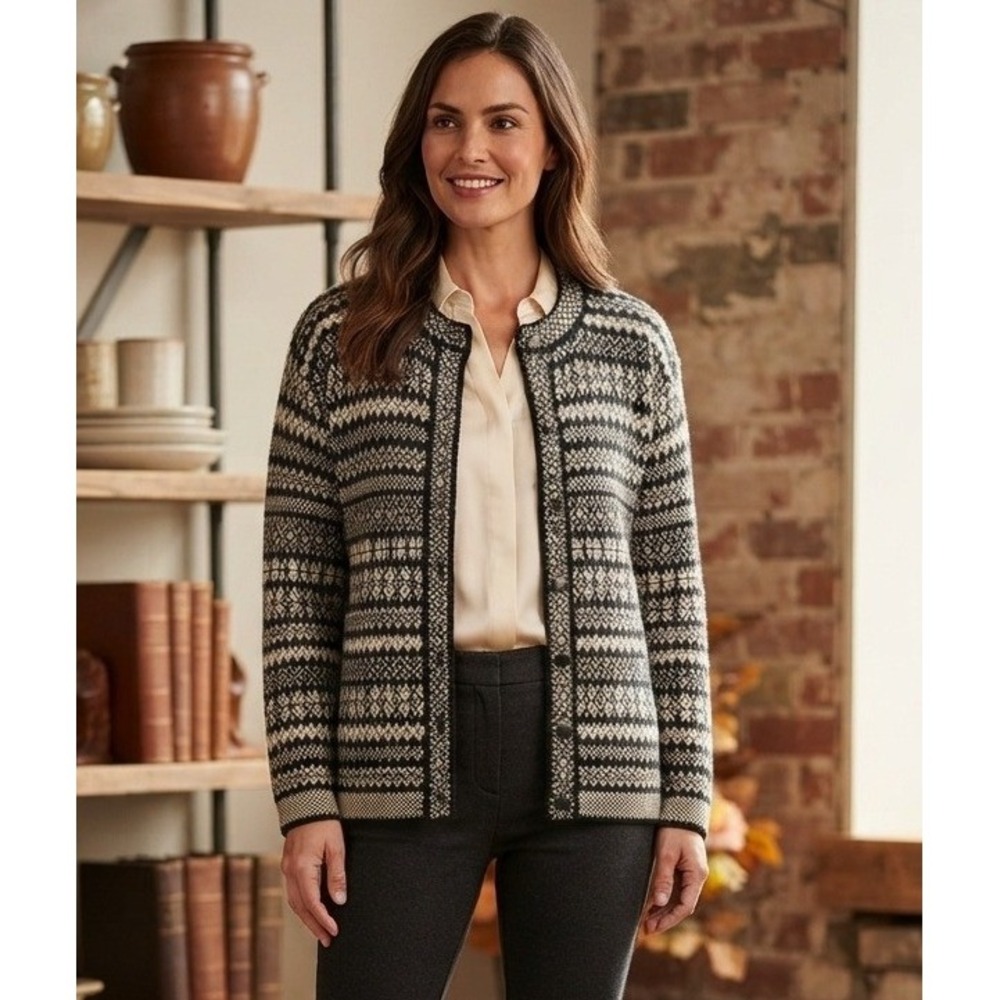 Indigenous Designs Sweater Cardigan Alpaca Nordic Fair Isle Women M Black White